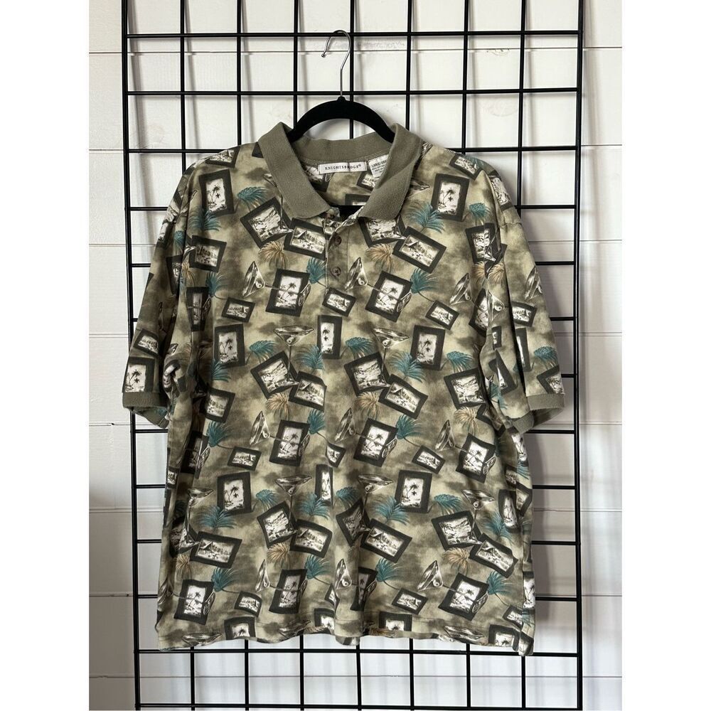 Knightsbridge Hawaiian Martini Print Golf Shirt Mens‎ L Green Tan VTG 80s
